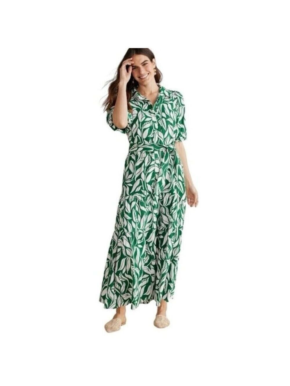 Soft Surroundings Linen Steffi Maxi Dress Green/White Tropical Button-Up Shirt L
